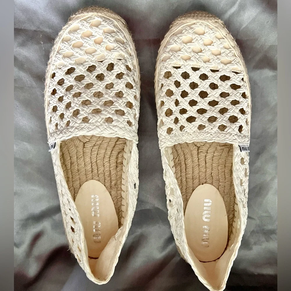 Miu Miu Leather Crochet Espadrilles Cream - Picture 1 of 2